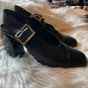 Tibi black slingback pumps black with unique heel 38 large golden buckles MOD